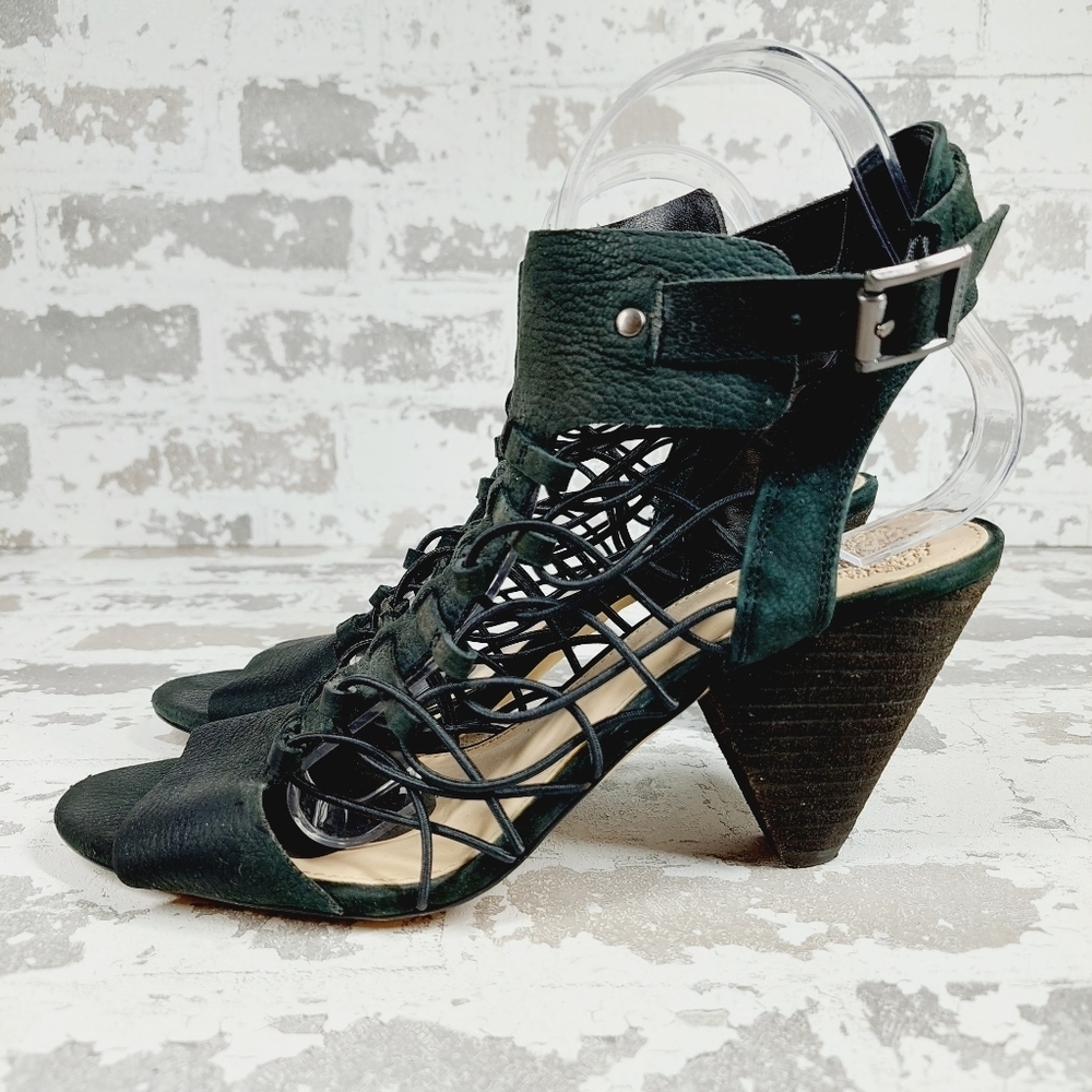 Vince Camuto Black Leather Slingback Gladiator Heeled Sandals I429